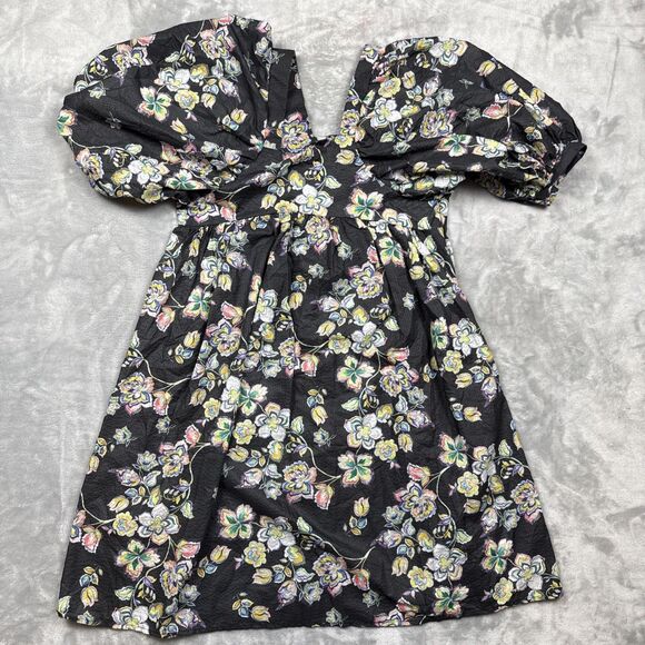 Beulah Style Floral Puff Sleeve Mini Dress Black Multicolor KE3055 Size All - Picture 1 of 9